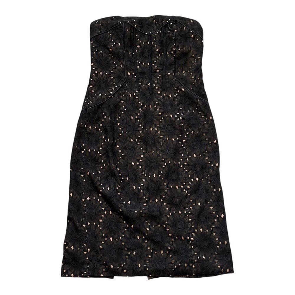 Badgley Mischka Strapless Cocktail Dress - Midi Sheath  Lace Overlay Black Sz 4